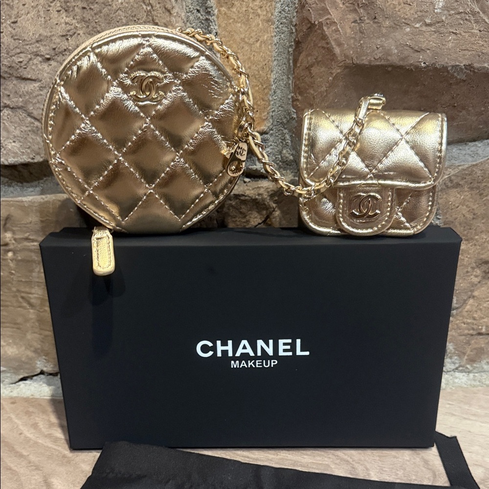 CHANEL Gold Quilted Cosmetic Bag Set